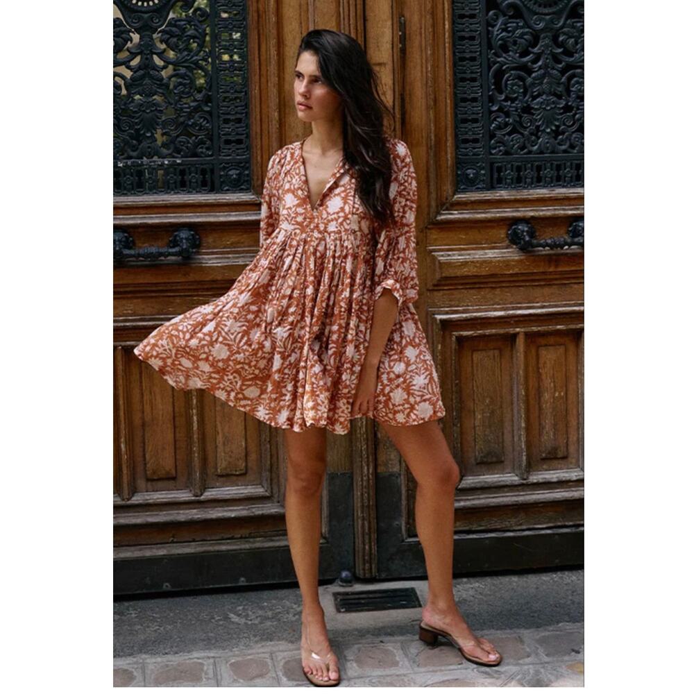 Daughters of India Kyra Mini Dress Block Print in Chocolate Size XL